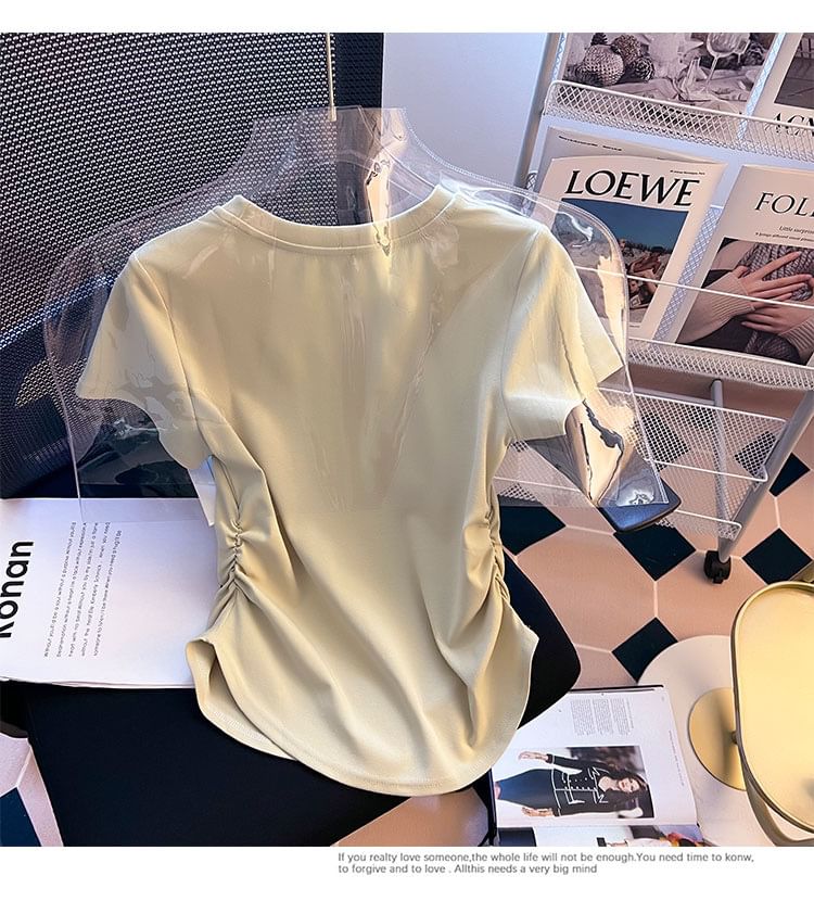 Short-Sleeve Round Neck Plain Ruched Tee