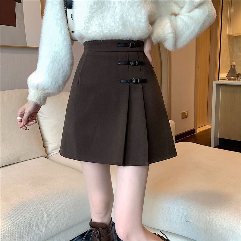 Buckled Pleated High-Rise Mini Skater Skirt