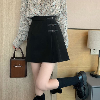 Buckled Pleated High-Rise Mini Skater Skirt