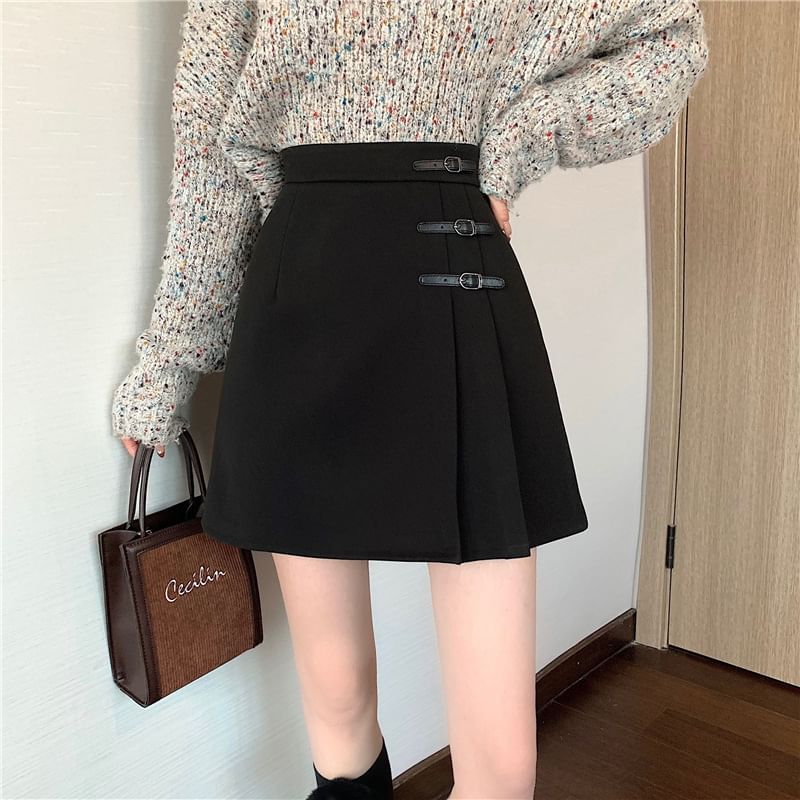 Buckled Pleated High-Rise Mini Skater Skirt