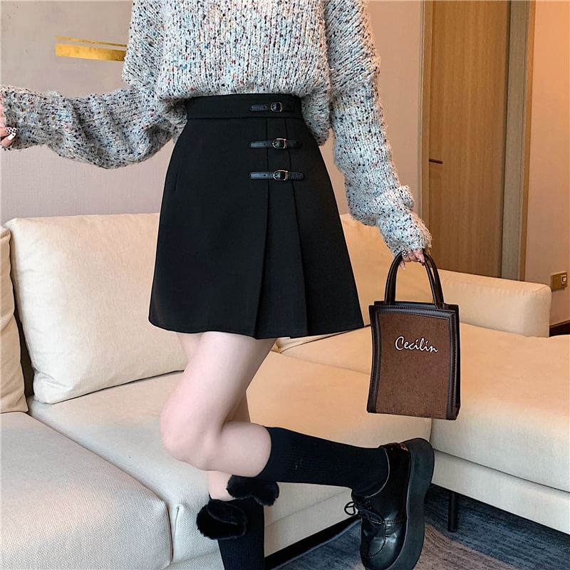 Buckled Pleated High-Rise Mini Skater Skirt