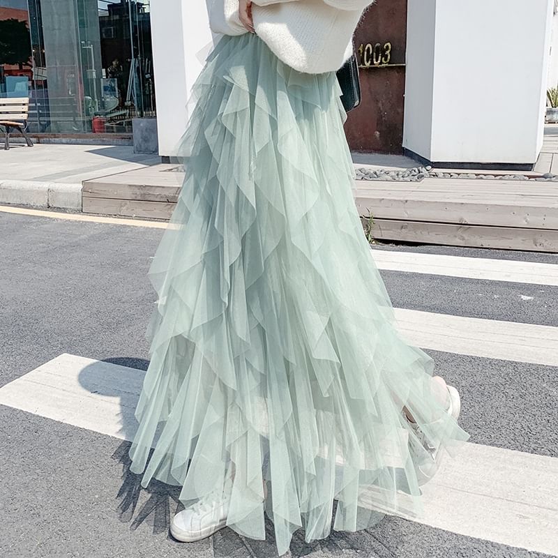 Layered Mesh High-Waisted Midi A-Line Skirt
