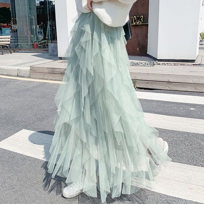 Layered Mesh High-Waisted Midi A-Line Skirt