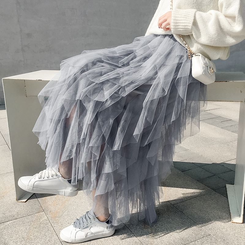 Layered Mesh High-Waisted Midi A-Line Skirt