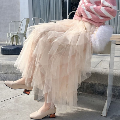 Layered Mesh High-Waisted Midi A-Line Skirt