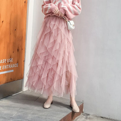 Layered Mesh High-Waisted Midi A-Line Skirt