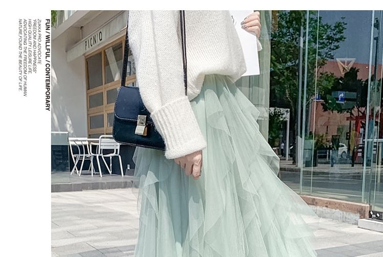 Layered Mesh High-Waisted Midi A-Line Skirt