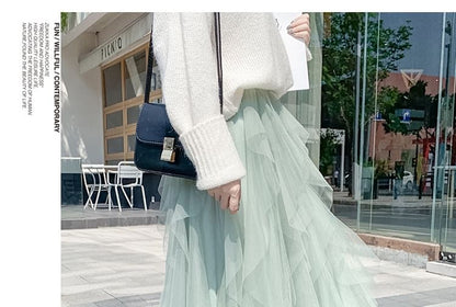 Layered Mesh High-Waisted Midi A-Line Skirt