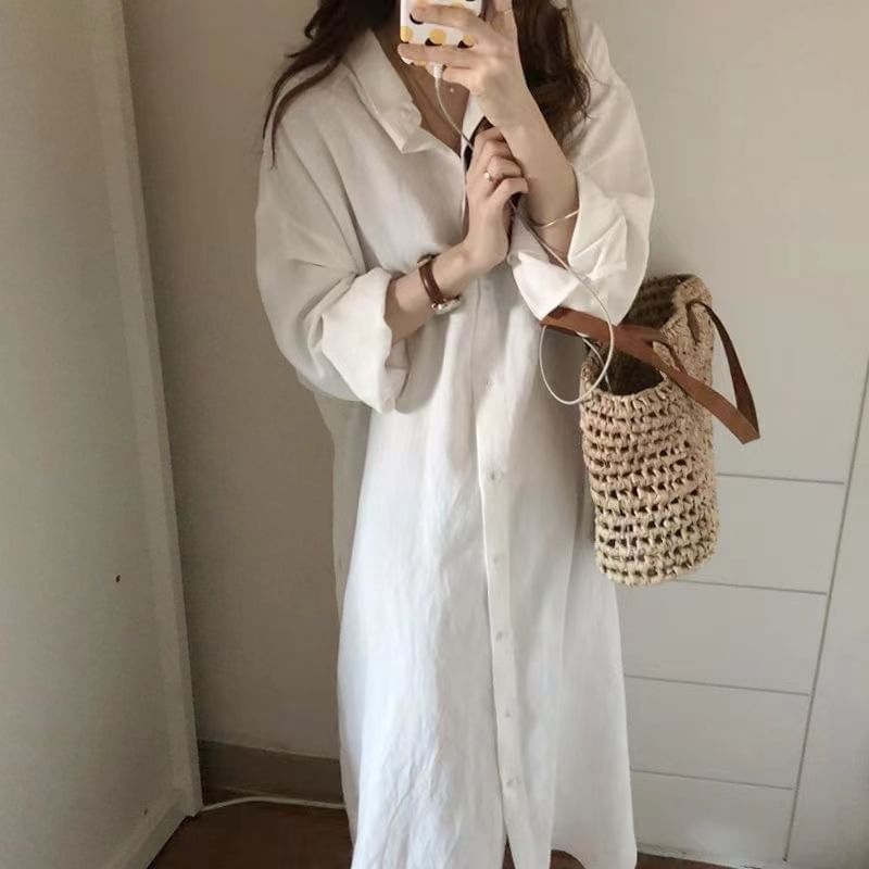 Long Sleeve Plain Shirt Maxi Dress