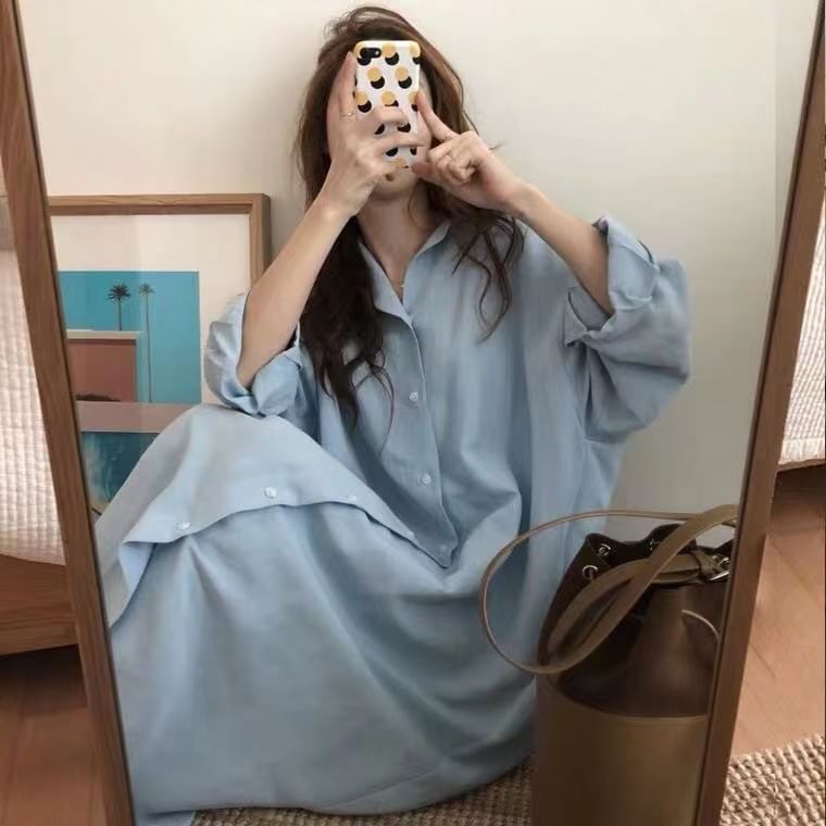 Long Sleeve Plain Shirt Maxi Dress
