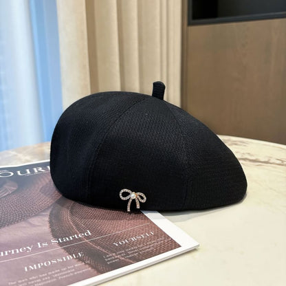 Faux Pearl Rhinestone Bow Beret