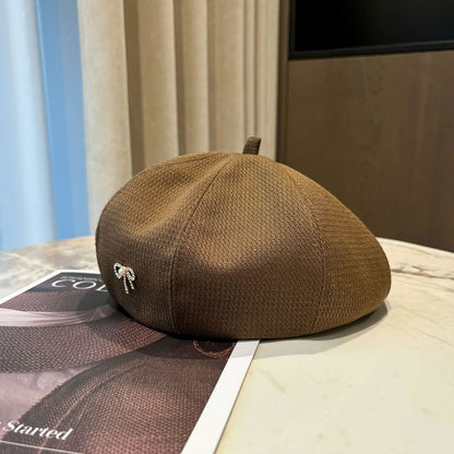 Faux Pearl Rhinestone Bow Beret