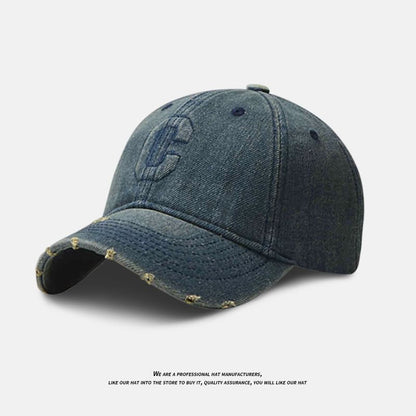 Lettering Embroidered Washed Distressed Denim Baseball Cap
