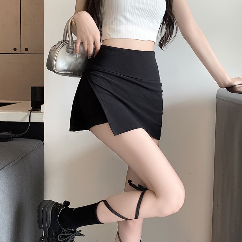 High Waist Plain Slit Mini Skort