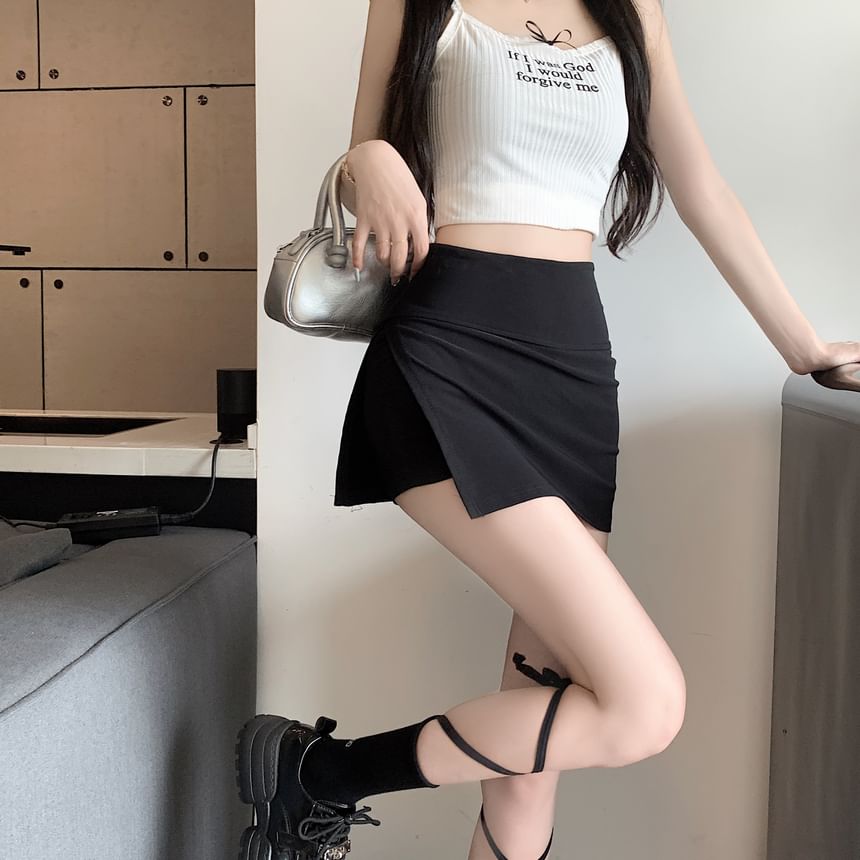 High Waist Plain Slit Mini Skort