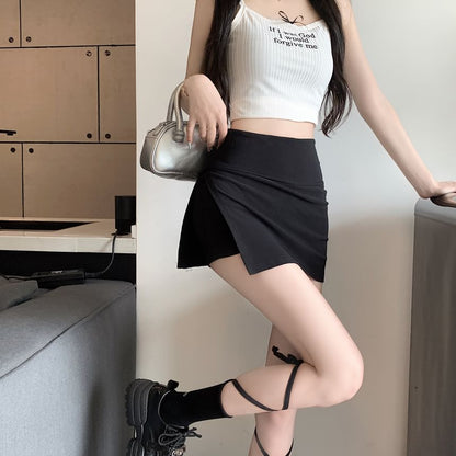 High Waist Plain Slit Mini Skort