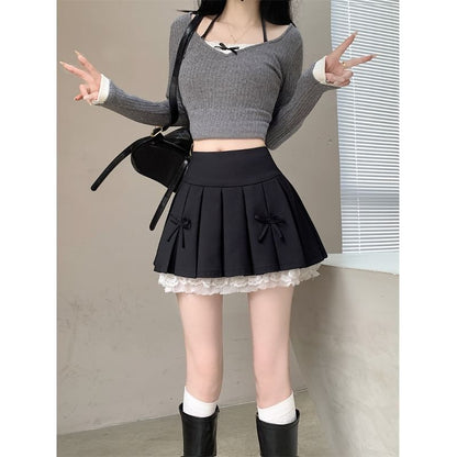 High Waist Bow Pleated Panel Lace Mini A-Line Skirt