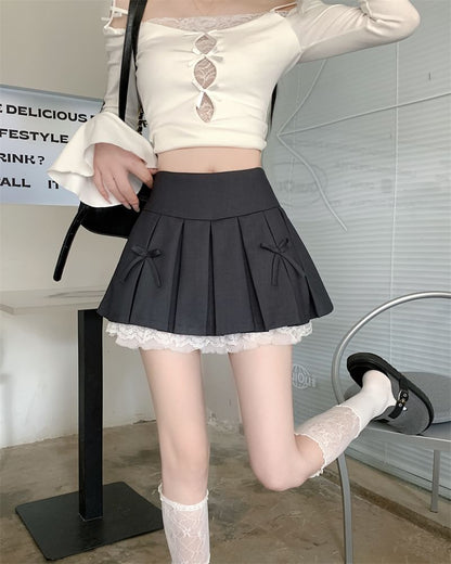 High Waist Bow Pleated Panel Lace Mini A-Line Skirt