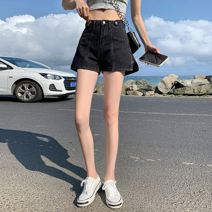 High Waist Washed Lettering Print Zip Slit Denim Shorts