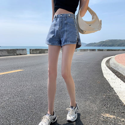 High Waist Washed Lettering Print Zip Slit Denim Shorts