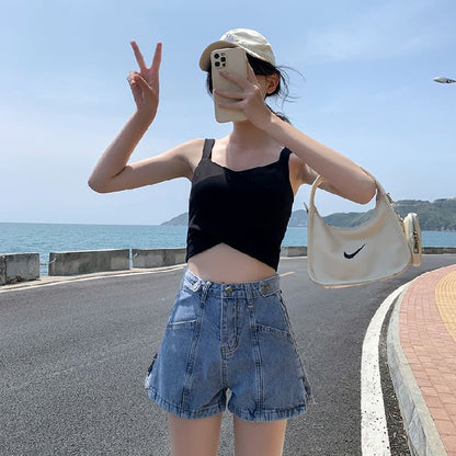 High Waist Washed Lettering Print Zip Slit Denim Shorts