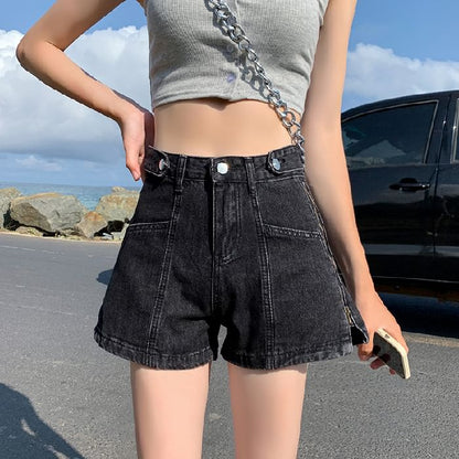 High Waist Washed Lettering Print Zip Slit Denim Shorts