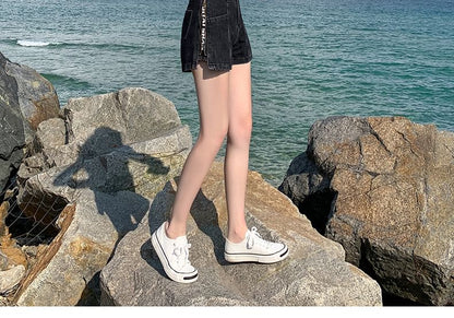 High Waist Washed Lettering Print Zip Slit Denim Shorts