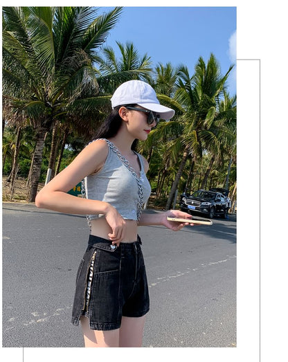 High Waist Washed Lettering Print Zip Slit Denim Shorts