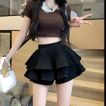 High Waist Plain Accordion Pleated Ruffle Mini A-Line Skirt