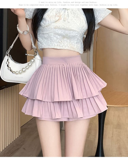 High Waist Plain Accordion Pleated Ruffle Mini A-Line Skirt