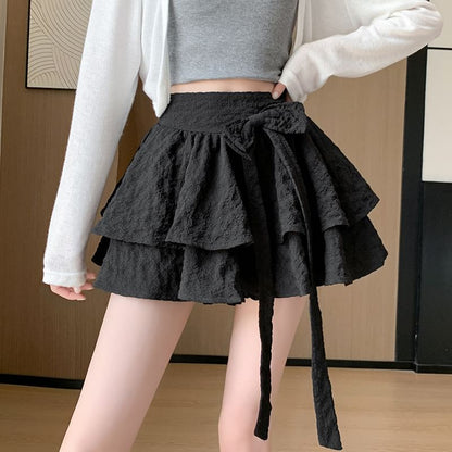 High Waist Plain Bow Ruffle Mini A-Line Skirt
