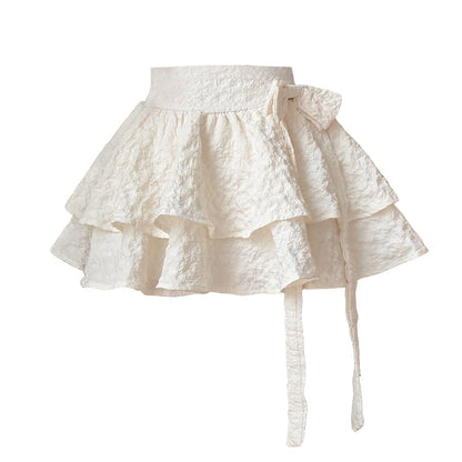 High Waist Plain Bow Ruffle Mini A-Line Skirt