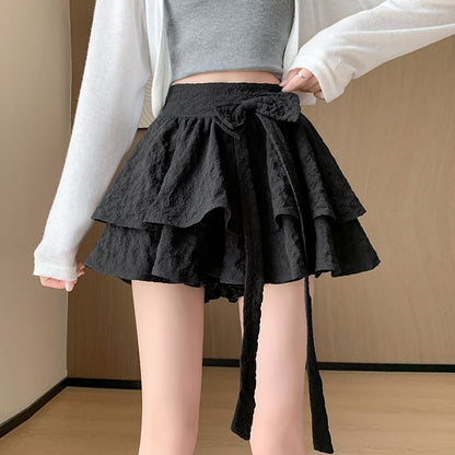 High Waist Plain Bow Ruffle Mini A-Line Skirt