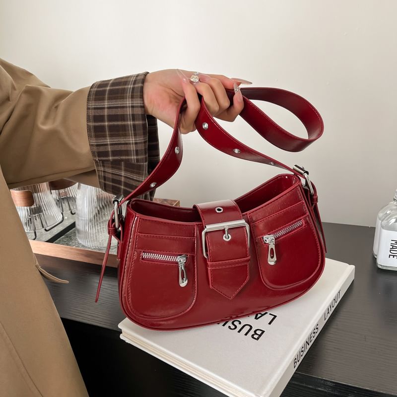 Faux Leather Buckled Shoulder Bag