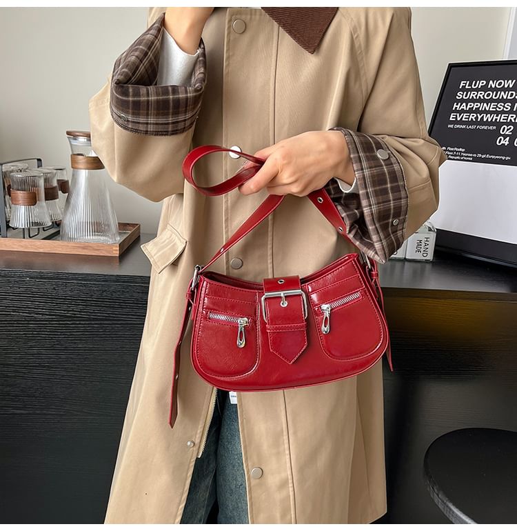 Faux Leather Buckled Shoulder Bag