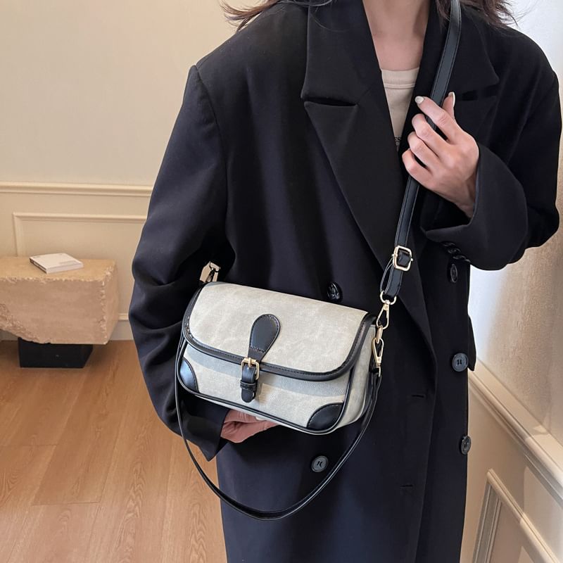 Faux Leather Contrast Piping Crossbody Bag