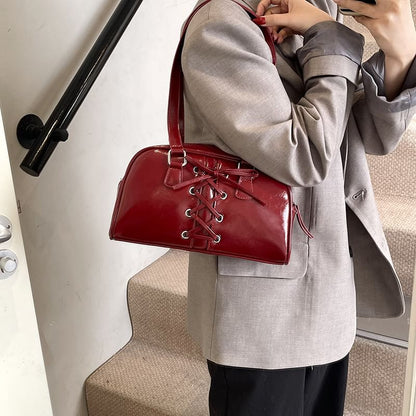 Faux Leather Lace-Up Shoulder Bag