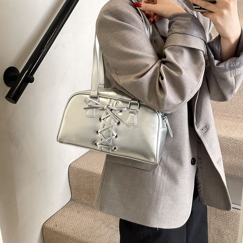 Faux Leather Lace-Up Shoulder Bag