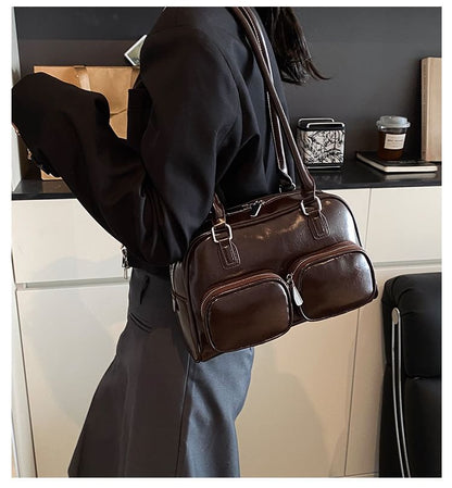 Faux Leather Plain Bowler Bag