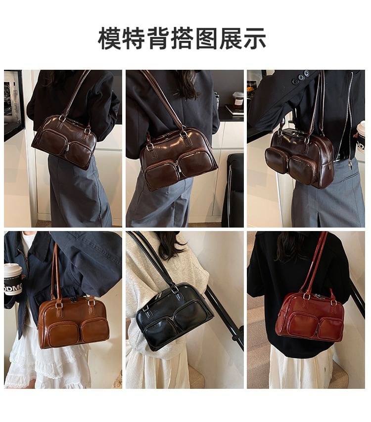 Faux Leather Plain Bowler Bag