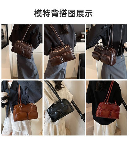 Faux Leather Plain Bowler Bag