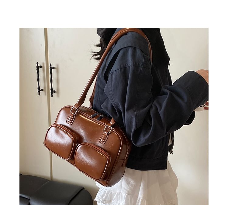 Faux Leather Plain Bowler Bag