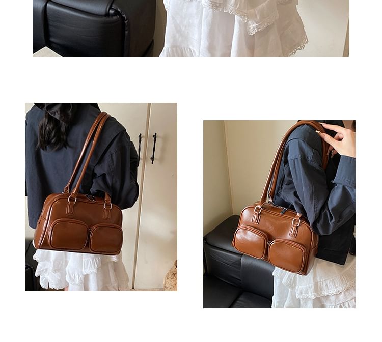 Faux Leather Plain Bowler Bag