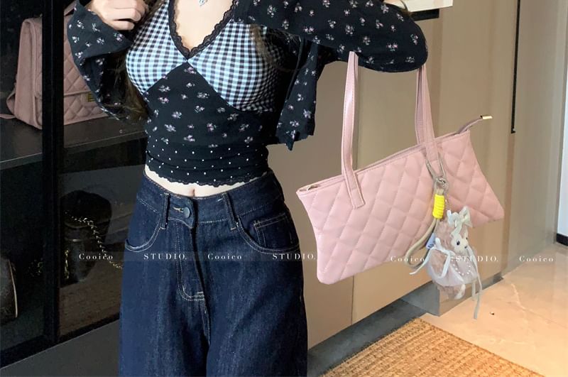 Plaid Panel Crop Cami Top / Floral Print Cardigan / Mini Dress