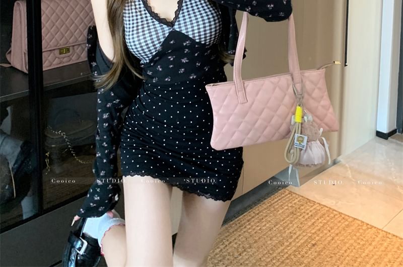 Plaid Panel Crop Cami Top / Floral Print Cardigan / Mini Dress