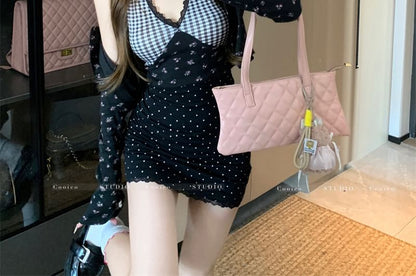 Plaid Panel Crop Cami Top / Floral Print Cardigan / Mini Dress