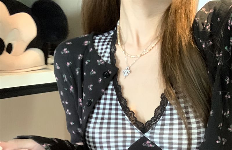 Plaid Panel Crop Cami Top / Floral Print Cardigan / Mini Dress