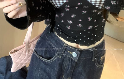 Plaid Panel Crop Cami Top / Floral Print Cardigan / Mini Dress