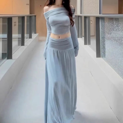 Off-Shoulder Crop Top & Gathered Maxi A-Line Skirt Set
