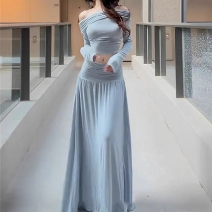 Off-Shoulder Crop Top & Gathered Maxi A-Line Skirt Set